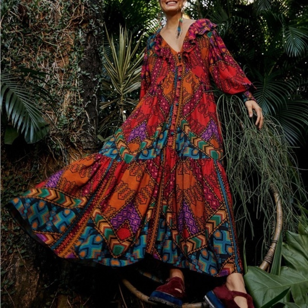 Farm Rio Yawanawa Stripes Midi Maxi Long Sleeve Mutlicolor Printed Dress